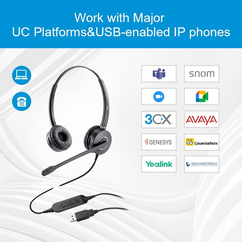 VT Computer USB Headset with Noise-Cancellation-Microphone - UC Headset Compatible with MS Teams,Mitel,MicroSIP Used for Cisco Jabber,Zoom,Genesys,GoogleMeet,Bria,3CX,etc. - Image 4